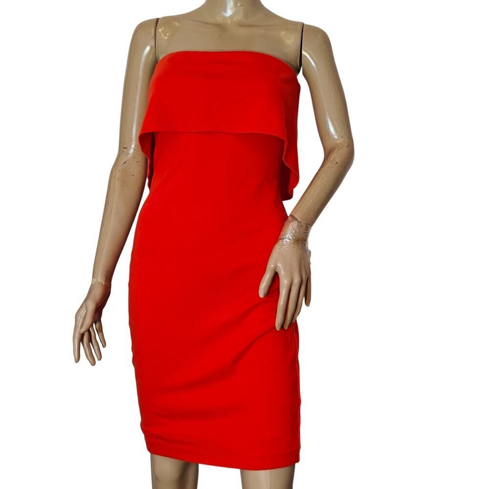 Bebe Red Strapless Bodycon Ruffle Overlay Dress Size S Cocktail Party